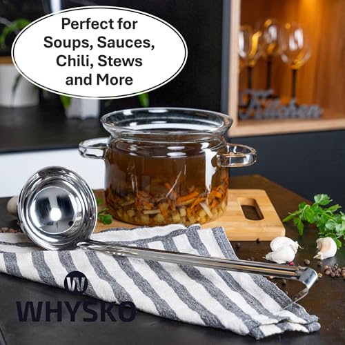 Stainless Steel Soup Ladle, 4 oz Metal Serving Spoon, Heat Resistant | Whysko Metal Ladles for Cooking and Serving Soups & Sauces, Commercial Grade for Restaurants & Catering, Dishwasher Safe - size: 8 Ounce
