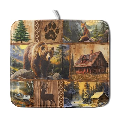 Bear Deer Fox Dish Drying Mat Rustic Cabin Lodge Dish Drainer Mats 16x18 Inch Absorbent Washable Dishes Rack Pad for Sink Kitchen Counter - color: Bear Deer Fox, size: 16" x 18"