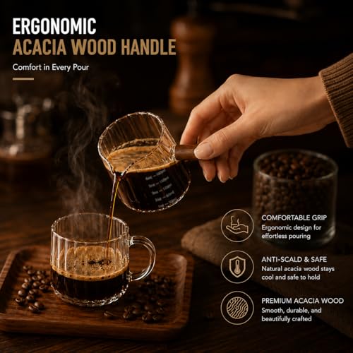 2 Pack Espresso Measuring Cup 6oz, Febwind Ribbed Borosilicate Glass Espresso Shot Cups with Wood Handle, V-Shaped Spout with oz/ml Scale for Coffee and Milk Frothing Clear - color: Clear (2 Pack)
