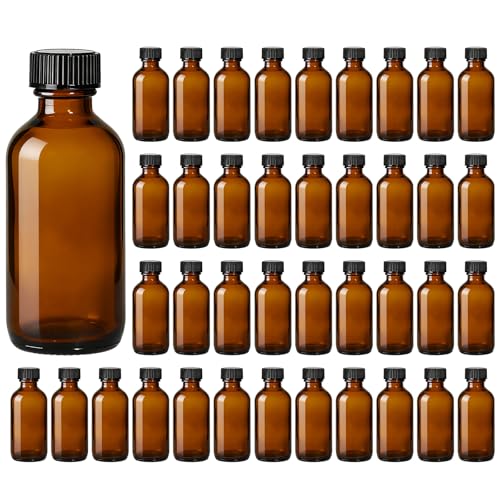 40 Pack 2oz Amber Glass Boston Round Bottles with Polycone Leak-Proof Phenolic Caps – Brown Airtight Refillable Containers for Homemade Vanilla Extract, Essential Oils, Herbal Medicine, and Syrups - size: 2oz