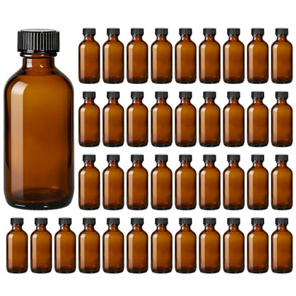 40 Pack 2oz Amber Glass Boston Round Bottles with Polycone Leak-Proof Phenolic Caps – Brown Airtight Refillable Containers for Homemade Vanilla Extract, Essential Oils, Herbal Medicine, and Syrups - size: 2oz