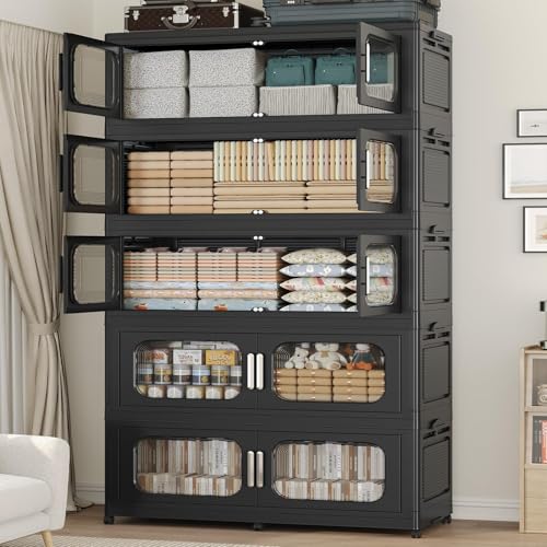 Extra Large 250GAL Storage Bins with Lid, 1000QT Stackable Collapsible Plastic Storage Containers with Wheels, Folding Closet Organizer for Home, Office, Kitchen, 5Pack Black - color: Black, size: 50Gal-5Pack