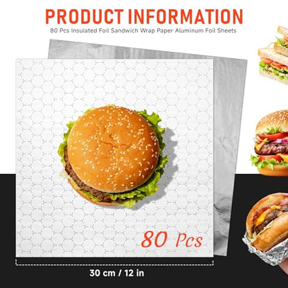 80 Pcs Insulated Foil Sandwich Wrap Paper Aluminum Foil Sheets,12"x12"Food Wrapping Paper for Hamburger Hot Dogs, Burgers, Burritos