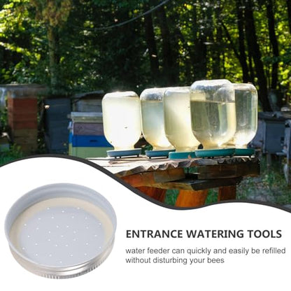Happyyami 4pcs Entrance Feeder Beehive Feeder Lids Honey Bee Feeder Mason Jar Lids Plastic Bee Hive Entrance Feeder with Perforated Lids Beekeeping Perforated Lid Fits Mason Jars