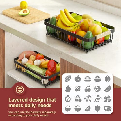 Sevenblue 3-Tier Fruit Basket with Banana Hangers, Detachable Metal Bowl | Wooden handle, protective mats included. Versatile holder for bread, snacks, and veggies. Large 3 tier metal design. - color: Silver, size: 3 Tier