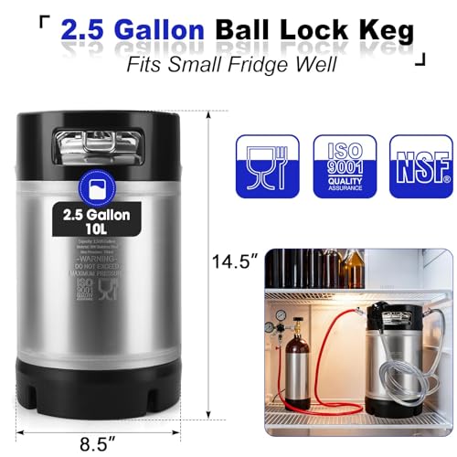Corny Keg New 2.5 Gallon Ball Lock Keg, 304 Stainless Steel Cornelius Keg Beer Keg with Ball Lock Quick Disconnects & Ball Lock Keg Posts, 2.5 Gallon Keg with Dual Rubber Hanlde for Homebrew