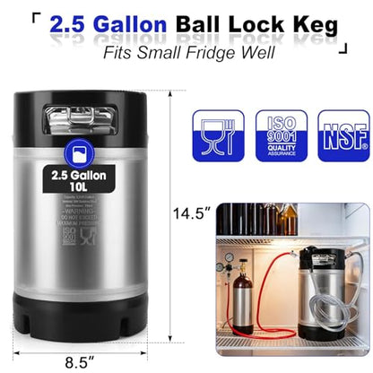 Corny Keg New 2.5 Gallon Ball Lock Keg, 304 Stainless Steel Cornelius Keg Beer Keg with Ball Lock Quick Disconnects & Ball Lock Keg Posts, 2.5 Gallon Keg with Dual Rubber Hanlde for Homebrew