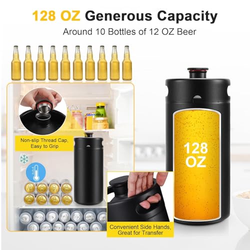 128 OZ- Hgkeke Mini Keg Growler 304 Stainless Steel Mini Keg Matte Black Powder Coated Portable Beer Growler Pressurized Growler Keep Beverage Fresh Keeg Beer Fresh for Homebrew - color: Black