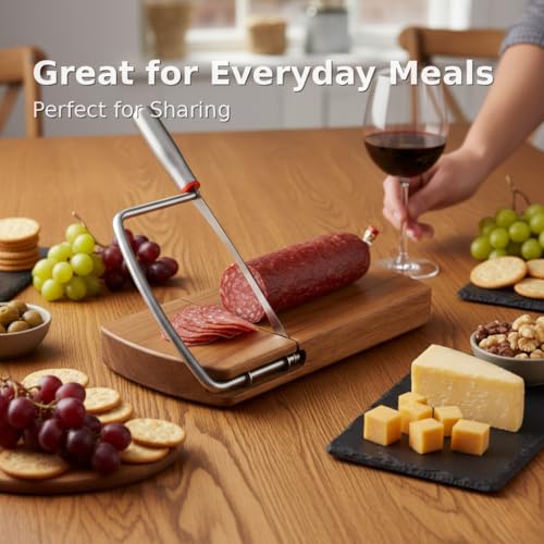 Cheese Slicer with Acacia Wood Board and Stainless Blade | Acacia wood base, stainless steel blade, for block cheese, butter, deli meat and charcuterie serving.