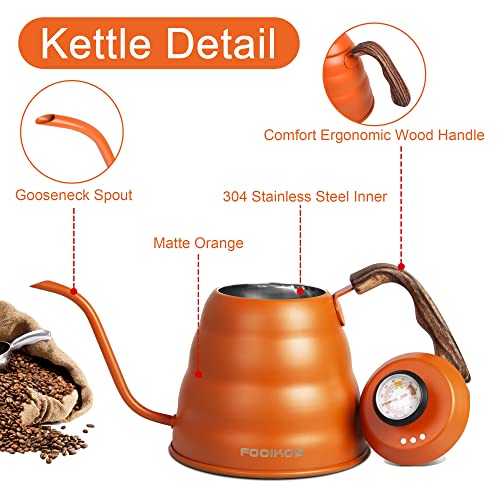 Gooseneck Kettle with Thermometer for Pour Over Coffee & Tea, 42 fl oz, Premium Stainless Steel, Accurate Temperature Control, Ideal Spout for Precision Pouring, Compatible with Stovetops - color: Orange