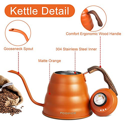 Gooseneck Kettle with Thermometer for Pour Over Coffee & Tea, 42 fl oz, Premium Stainless Steel, Accurate Temperature Control, Ideal Spout for Precision Pouring, Compatible with Stovetops - color: Orange