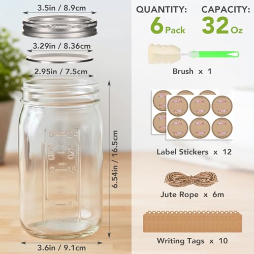 32 oz Wide Mouth Mason Jars with Airtight Lids and Bands, 6 Pack Quart Glass Canning Jars for Pickling, Meal Prep, Overnight Oats, Storage & DIY Crafts