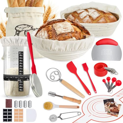 Sourdough Starter Kit, Sourdough Bread Baking Supplies -10" Round Oval Banneton Proofing Baskets, 32 oz Sourdough Starter Glass Jar, Bread Making Tools, for Bread Making/Baking Fermentation