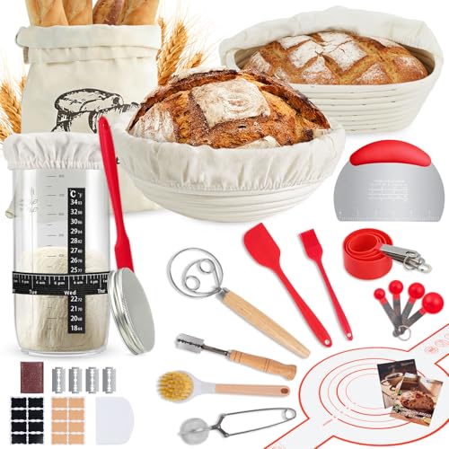 Sourdough Starter Kit, Sourdough Bread Baking Supplies -10" Round Oval Banneton Proofing Baskets, 32 oz Sourdough Starter Glass Jar, Bread Making Tools, for Bread Making/Baking Fermentation