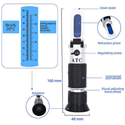 Wine Refractometer for Testing Grape Wine Brewing, Wine Making, Measuring Sugar Content in Original Grape Juice, Predicting The Wine Alcohol Degree, Dual Scale of 0-40% Brix & 0-25% vol Alcohol