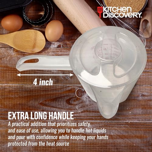 Microwavable Measuring Cup – Kitchen Discovery – 2 Cup Plastic Measuring Cup with Spout, Lid, and Extended Handle for Safe Boiling and Pouring – Microwave Safe Measuring Cup