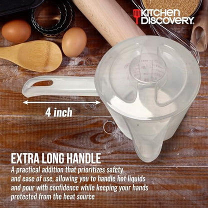 Microwavable Measuring Cup – Kitchen Discovery – 2 Cup Plastic Measuring Cup with Spout, Lid, and Extended Handle for Safe Boiling and Pouring – Microwave Safe Measuring Cup