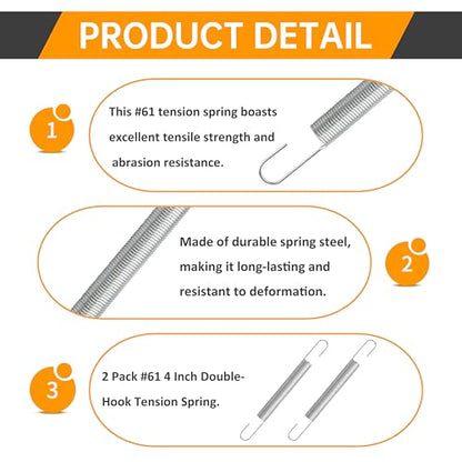 2 Pack 540183#61 4 Inch Double-Hook Tension Spring, Spring Steel | Small Extension Spring for Automotive, Household, Toys & Hardware Replacement Parts