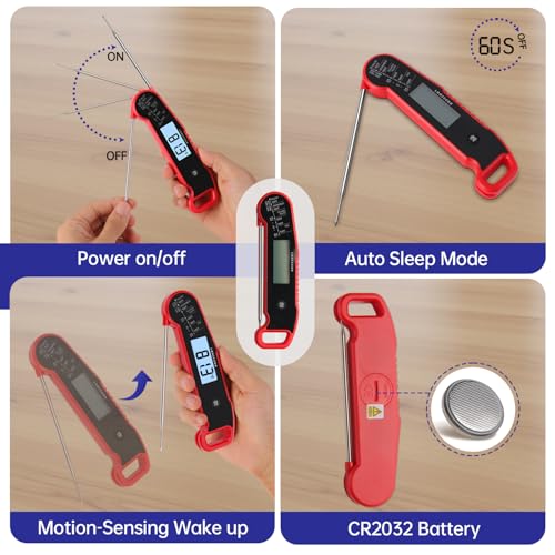 Lonicera Digital Meat Thermometer for Food Cooking. Instant Read Within 1 Sec and ±0.9℉Accuracy with Thermocouple Sensor. IP67 Waterproof, Auto-Rotating Display, Auto Wake up (Red) - color: RED