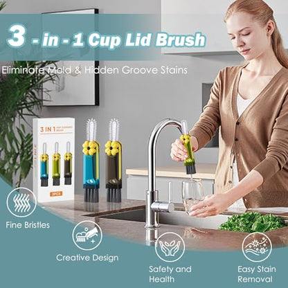 3 in 1 Cup Lid Gap Cleaning Brush Set, 3Pcs Multifunctional Bottle Cleaning Brush,Cup Lid Gap Cleaner, Home Kitchen Crevice Brush Tools - color: Green, Blue, Black(cloverleaf)