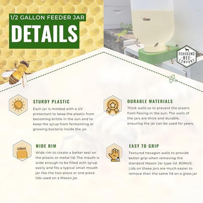 Foxhound Bee Company - Extra Large Plastic Feeder Jars with UV Protection, Small Mouth Neck, Holds Over 1/2 Gallon, Designed for Beekeepers - size: 6 Pack Jar
