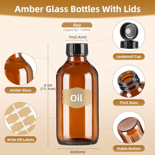 4oz (24 Pack) Amber Boston Round Glass Bottles with Black Caps-Includes Funnel & Stickers,Brown Airtight Refillable Containers for Essential Oils,Tinctures,Vanilla Extract, Home Brewing,DIY Storage