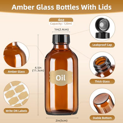 4oz (24 Pack) Amber Boston Round Glass Bottles with Black Caps-Includes Funnel & Stickers,Brown Airtight Refillable Containers for Essential Oils,Tinctures,Vanilla Extract, Home Brewing,DIY Storage