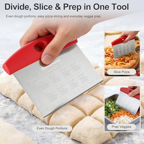 Ourokhome 2 Pack Bench Scraper Dough Cutter, Stainless Steel Dough Scraper with Laser-Etched Scale, Conversion Chart, Non-Slip Handle, Dishwasher Safe for Bread & Pastry, Red - color: Red