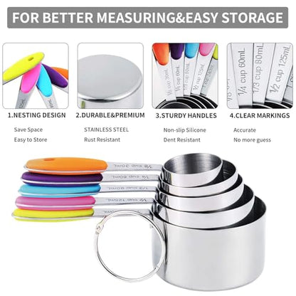 TILUCK measuring cups and magnetic measuring spoons set, stainless steel measuring cups, 6 double-sided stainless steel measuring spoons & 1 leveler (12)
