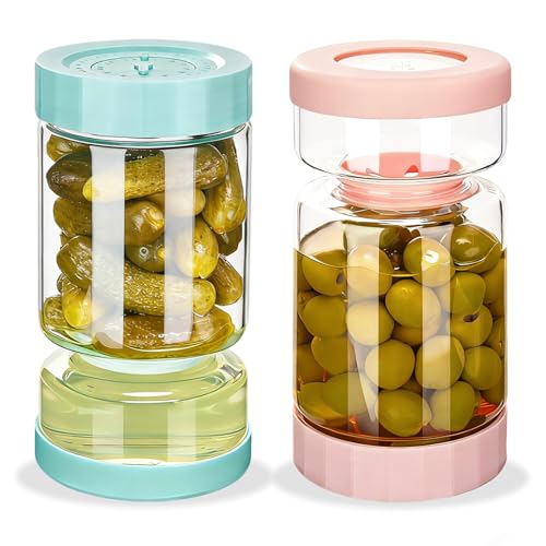 ZENS Pickle Jar with Strainer Flip, 37 oz Hourglass Pickle Juice Separator Container, Airtight Leakproof Lid, Dual Wet-Dry Design, Time Tracker Lid – 2 Pack Olive & Kimchi Jars - color: 01-Pink&Blue, size: 37oz 2pcs