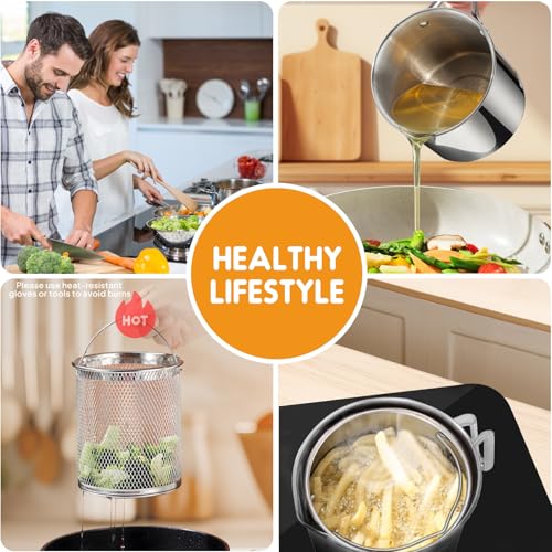 Chihee Grease Container Deep Fryer 2 in 1 Stainless Steel 2L / 67.6 fl oz | Bacon Grease Saver with Fine Mesh Strainer Fry Basket Oil Container Grease Can with Lid Tray for Kitchen Storing Frying - color: Silver(2L with Fryer Basket)
