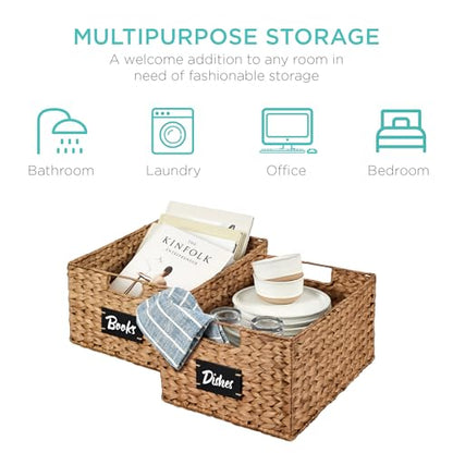 Best Choice Products 식료품 저장실 바구니 40.6 x 30.5cm(16 x 12인치) 워터 히아신스 보관 바구니 2개 세트, 손잡이가 달린 우븐 고리버들 주방 정리함, 칠판 라벨 분필 마커 포함 - 체스트넛 - color: 밤나무., size: 12x16x8in