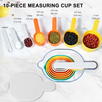 Stackable 10-Piece Measuring Cups and Spoons Set with White Lids | Kitchen gadgets for cooking & baking. Includes 10 stackable cups & spoons. Dishwasher-safe. For liquid & dry, multicolor - color: 10 Piece - Yellow and White