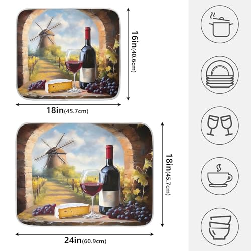Red Wine Glasses with Grape Cheese Farmhouse Dish Drying Mats for Kitchen Counter Absorbent Microfiber Dish Drying Matt 16 x 18 Inch Draining Reusable Rack Pad