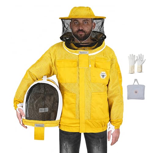 Beekeeping Jacket with Veil 3-Layer Ultra Ventilated 2 Veil Options (Fencing & Round) YKK Zippers Full Protection Suit Carrying Bag (BP-302-Golden)-XXL - color: Golden 2 Veils, size: 2XL