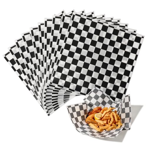 Fit Meal Prep 250 Sheets 12x12" Deli Paper, Black and White Checkered, Grease-Proof Wax Paper for Food Basket, Picnic, Burgers - color: Black Checkered