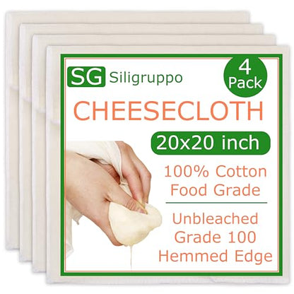 4-Pack Hemmed Cheesecloths - 20"X20" Reusable Unbleached Cotton For Cheese Making, Nut Milk, Yogurt Straining & Crafts. Food-Grade, Pre-Cut With Reinforced Edges - size: 4 Pack