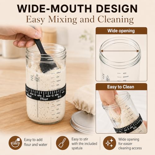 Sourdough Starter Kit for Beginners, 34oz Wide Mouth Sourdough Starter Jar with Guide & Recipes, Fridge Magnet Clip, Thermometer, Feeding Band, Spatula, Cloth & Aluminum Lid, Bread Baking Supplies