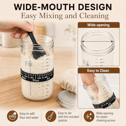 Sourdough Starter Kit for Beginners, 34oz Wide Mouth Sourdough Starter Jar with Guide & Recipes, Fridge Magnet Clip, Thermometer, Feeding Band, Spatula, Cloth & Aluminum Lid, Bread Baking Supplies