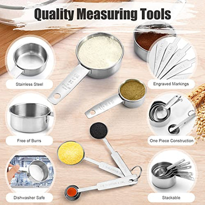 11 PCS Stainless Steel Measuring Cups Spoons Set, 5 Nesting Cups and 5 Stackable Spoons with 1 Leveler Measuring Tools Set for Dry Liquid Ingredients Cooking Baking