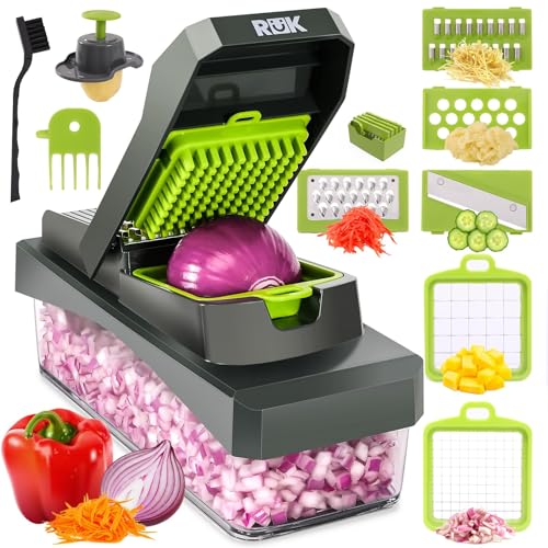 RüK 10-in-1 Vegetable Chopper – 6 Blade Veggie Chopper with Container, Food Dicer, Onion Cutter, Cheese Grater, Mandoline Slicer, Kitchen Gadgets & Home Essentials (Gray) - color: Gray