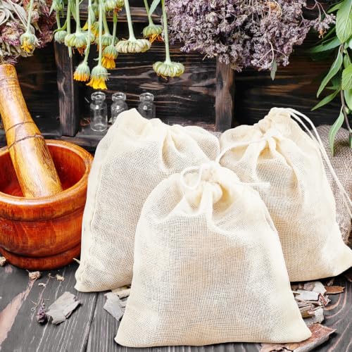 TUZAZO 24 Pcs Muslin Bags with Drawstring 6 x 8 inch, Reusable Spice Bags for Cooking Soup, Natural Cotton Unbleached Cheesecloth Bag for Straining, Bone Broth Brew Herb Sachet Bag Empty - size: 6x8 inch, 24 pcs