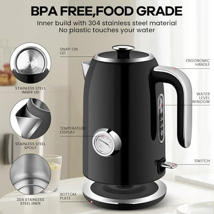 PUKOMC Electric Kettle, 1.7L Stainless Steel Tea Kettle with Temperature Gauge, 1500W Water Boiler with LED Light, BPA-Free, Auto Shut-Off and Boil-Dry Protection (Black) - color: Black