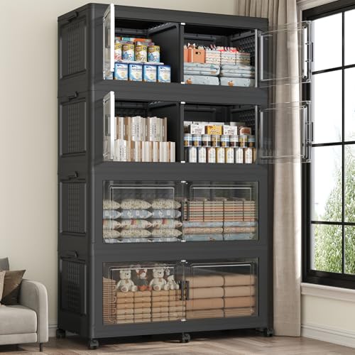 200GAL Storage Bins with Lid and Wheels, Collapsible Storage Box with Dividers, Foldable Plastic Cabinets for Room Kitchen, Stackable Closet Organizers and Storage Drawer, 4 Pack Black - color: Black, size: 50Gal-4Pack