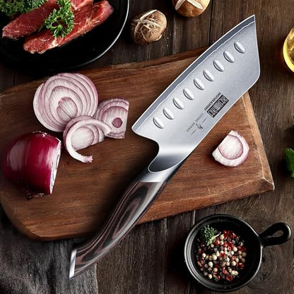 HOSHANHO 12.7cm(5인치) 일본 셰프 나이프, 매우 날카로운 고탄소 스테인리스 스틸 주방 칼, 인체 공학적 파카우드 손잡이가 있는 전문 산토쿠 나이프 - size: 5"