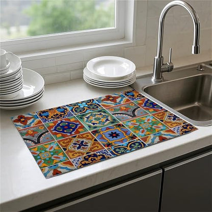 Talavera Mexican Tiles Dish Drying Mat For Kitchen Counter, Super Absorbent Microfiber Dish Drying Pad, Kitchen Gadgets For Easy Clean Multi-Use Large 18"x24" - color: Talavera Mexican Tiles