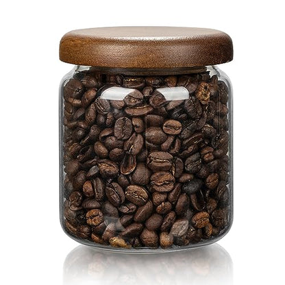 1 PC Small Glass Storage Jars with Airtight Lids, 14 FL OZ (420ml) coffee container with Wooden Lid, Glass Pantry Canister for Beans, Rice, Sugar and etc - color: clear-（1PC，14FL OZ/420ML）