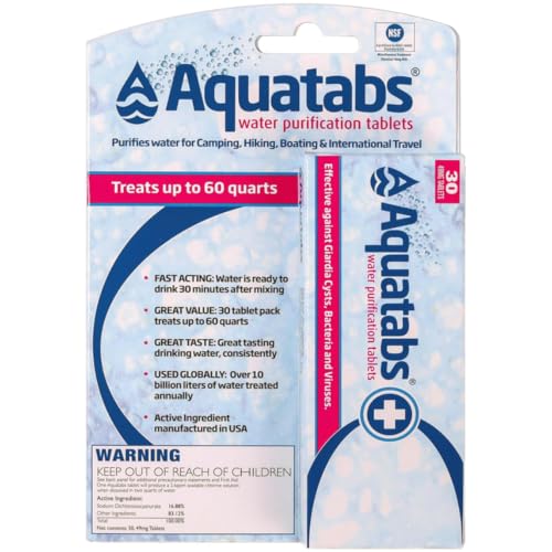 Aquatabs 49mg Water Purification Tablets (30 Pack). Portable Water Purifier for Camping Essentials, Lightweight Camping Gear or Survival Kit, EPA Registered & NSF/ANSI 60 Certified, Fast-Acting - size: (49mg), style: 30 Tablets