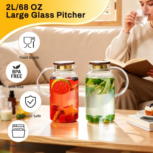 Buaic 2 PACK Glass Pitcher with Lid and Widened Handle, 68oz/ 2 Liter Classic Vertical Stripes Water Pitcher with Wooden Lids,Glass Water Carafe for Cold Brew, Coffee,Iced Sun Tea,Beverage,Hot/Cold - color: Clear, size: 2L-Wooden Lids