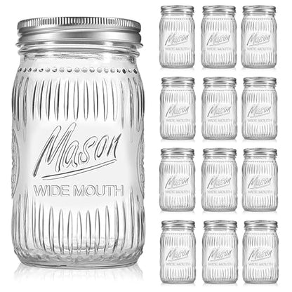 12 Pack 32 oz Wide Mouth Mason Jars - Heavy Duty Glass Storage Jars with Airtight & Leak Proof Lids for Pickling, Canning, Food Storage, Flour, Sugar, Pasta, Oats & DIY Projects (12pack 32oz)